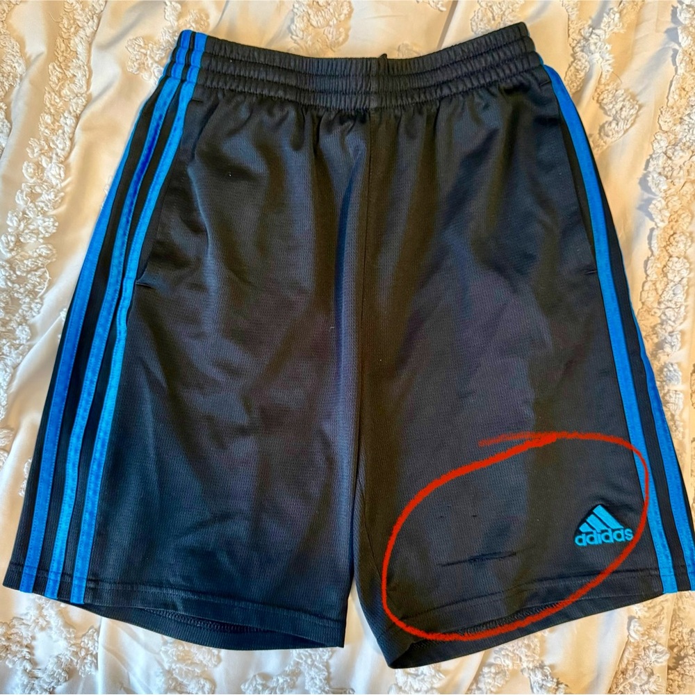 Adidas Kids Athletic Shorts in Black with Blue Stripes Large 14-16